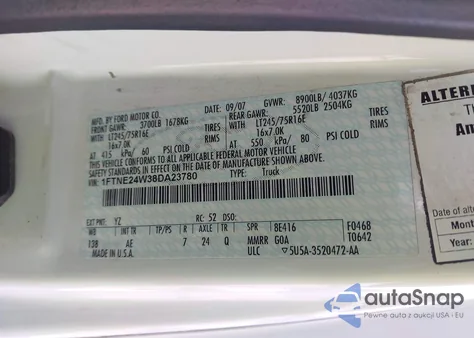 2008 Ford E-250 Commercial/Recreational из США, поврежденный, VIN 1FTNE24W38DA23780